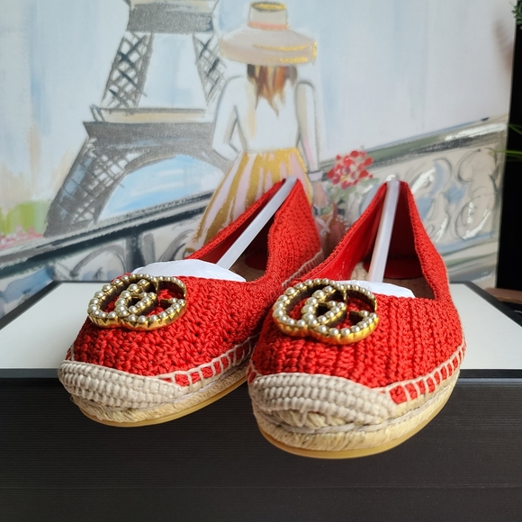 GUCCI Red Lilibeth Gg Faux Pearl-embellished Espadrilles Flats Size 7 - Picture 8 of 11